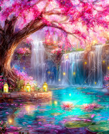  Close up of a serene, dreamlike landscape with cherry blossom trees, gentle waterfalls flowing into a clear blue pool, and glowing golden lamps reflecting on the water. 