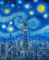  Close up of the Empire State Building towering above New York City at night, reaching toward a starry sky. 