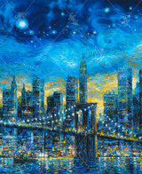 Close up of an evening view of New York City under a starry night sky with the Brooklyn Bridge spanning the water, and city lights reflecting on the water. 