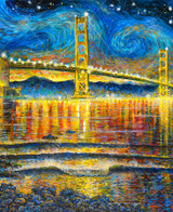  Close up of a nighttime view of the Golden Gate Bridge glowing with bright lights underneath a starry sky, with colorful reflections shimmering across the water. 