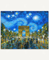  The Arc de Triomphe under a swirling, blue starry sky, painted in vibrant Post-Impressionist style, with car lights reflecting on the road and adding movement and color to the scene. 
