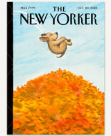  A playful illustration of a puppy jumping into a large pile of orange autumn leaves. 