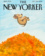  Close up of a playful illustration of a puppy jumping into a large pile of orange autumn leaves. 