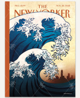  A dramatic illustration of a massive ocean wave in the foreground, inspired by Japanese woodblock style, with New York City shown as a small, hazy skyline in the distant background. 