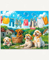  A cheerful outdoor scene featuring three Cavachons sitting in green grass and a Cavapoo resting in a wicker laundry basket beneath a clothesline of bright, colorful laundry. Bubbles float through the air under a bright blue sky. 