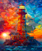  Close up of a colorful low-poly illustration of a lighthouse at sunset, made of vibrant rainbow triangles. 