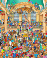  Close up of a humorous cartoon illustration of a bustling train station inspired by Grand Central Terminal, filled with quirky travelers, animals, and historical characters. Tightrope riders pedal bicycles high above the concourse. Below, an overloaded luggage cart rolls through the crowd as passengers wait for delayed trains. 