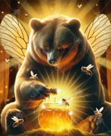  Close up of a gentle brown bear with delicate, translucent insect-like wings holding a honey dipper above a glowing pot of golden honey. Honeybees buzz around the bear as it sits in a forest, illuminated by warm amber light. 