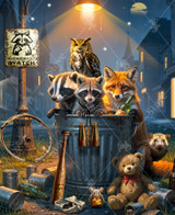  Close up woodland animals holding a "Neighborhood Watch" meeting around a metal trash can. A raccoon wearing binoculars sits inside the can beside a badger, while a great horned owl perches overhead, a red fox leans nearby, and a shy ferret peeks from behind. 