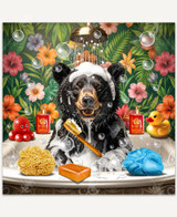  A cheerful black bear enjoys bath time in a tub filled with fluffy soap suds, holding a wooden brush with a big smile. Bottles labeled “Bear Essentials,” a red toy octopus, and a yellow rubber ducky sit on the tub’s edge, while a sea sponge, bar of soap, and blue loofah complete the playful spa scene. 
