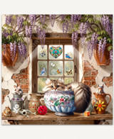 A cozy cottage scene featuring a fluffy Maine Coon cat resting in a ceramic bowl on a rustic windowsill, with a tiny mouse nestled in its fur. A bunny relaxes in a vintage watering can while a squirrel peeks from a clay pitcher. Terracotta pots and cascading purple wisteria frame the warm woodland setting. 