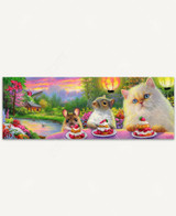  A whimsical garden scene featuring a fluffy white Persian cat, a squirrel, and a tiny mouse gathered around a pink table enjoying strawberry shortcake beneath glowing paper lanterns. A pink-throated hummingbird hovers among fuchsia flowers, while a peaceful river and a cozy log cabin sit beneath a colorful pink, purple, and orange sunset. 