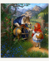  Little Red Riding Hood holds a basket of goodies beside a weathered wooden fence as a curious wolf offers her a blue flower. A winding path crosses a field toward Grandma’s house in the distance. 