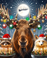  Close up of a majestic moose wearing colorful Christmas lights and ornaments on its antlers, standing between a raccoon and Arctic fox dressed in Santa hats and carrying trays of candles and holly berries. 