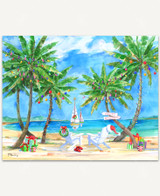  A tropical Christmas scene featuring two Adirondack chairs on a sandy beach overlooking sailboats decorated with sparkling Christmas lights, candy canes, and holiday wreaths. Festively decorated palm trees frame the scene with colorful ornaments and presents beneath them. 