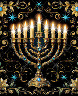  Close up of an ornate Hanukkah menorah with nine glowing candles set against a deep black background. 