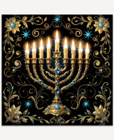  An ornate Hanukkah menorah with nine glowing candles set against a deep black background. Brilliant starburst flames illuminate intricate gold filigree, elegant floral motifs, shimmering blue gemstones, and Star of David accents. 