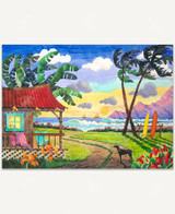  A tropical beach at sunset, featuring a rustic red-roofed shack, lush palm and banana leaves, and a winding path leading to turquoise waves. A black dog watches the horizon, while sailboats drift beneath a golden sun and purple mountains rise in the distance. 