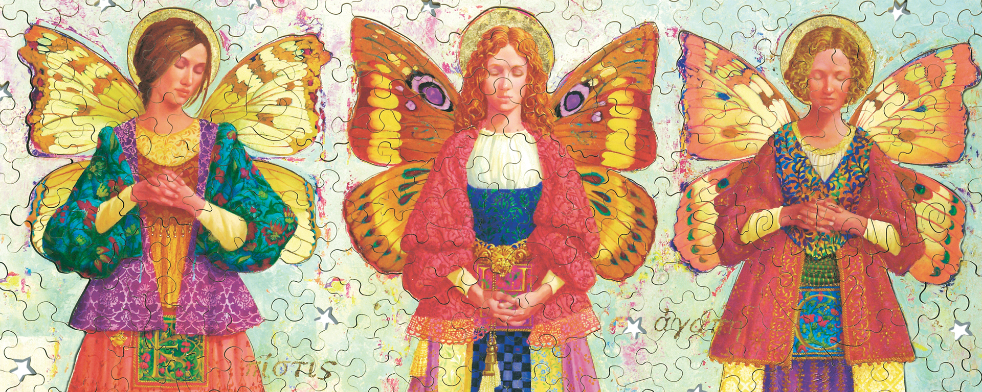 Wooden religion jigsaw puzzle based on a mural by James Christensen depicting Faith, Hope, and Charity in the form of three women.