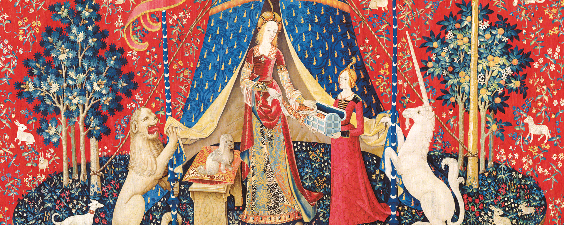 tapestry of two renissance women standing outside of tent with a lion and unicorn