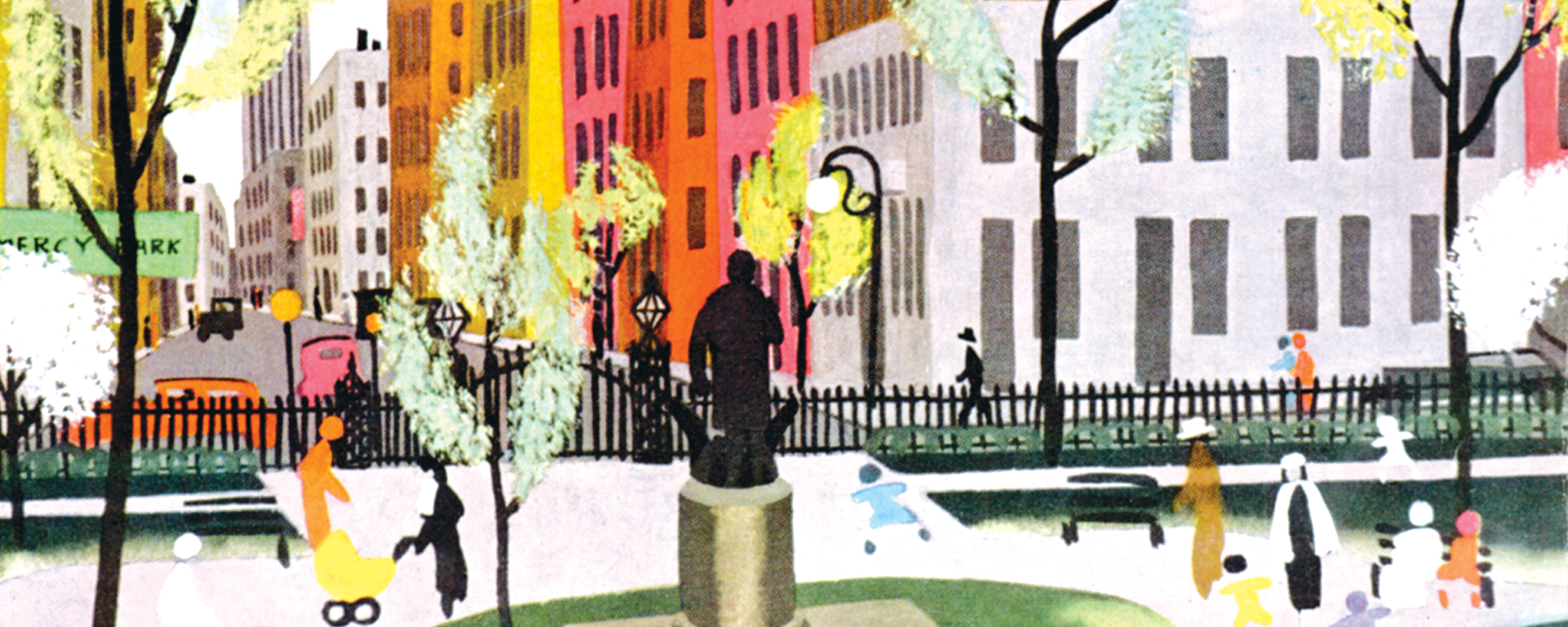 closeup of new yorker cover people walking in mercy park in new york city