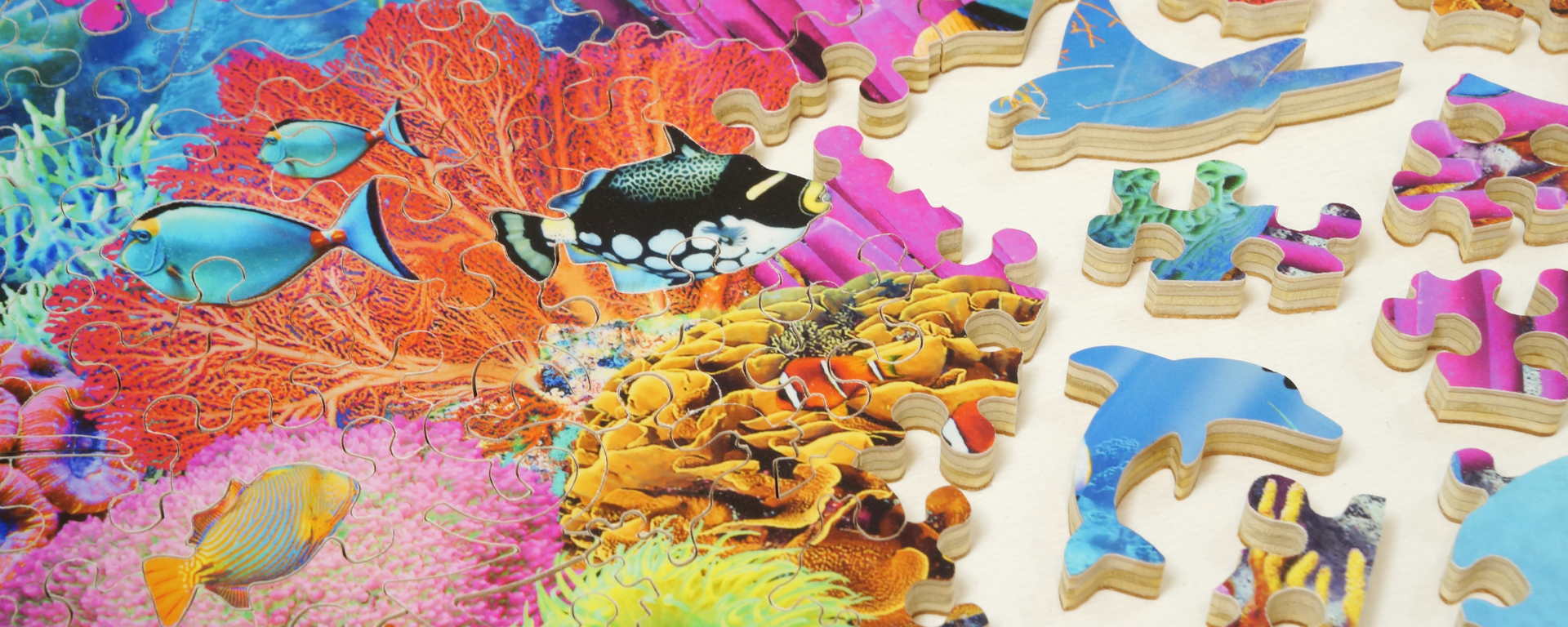 cut wooden puzzle section of coral reef and tropical fish