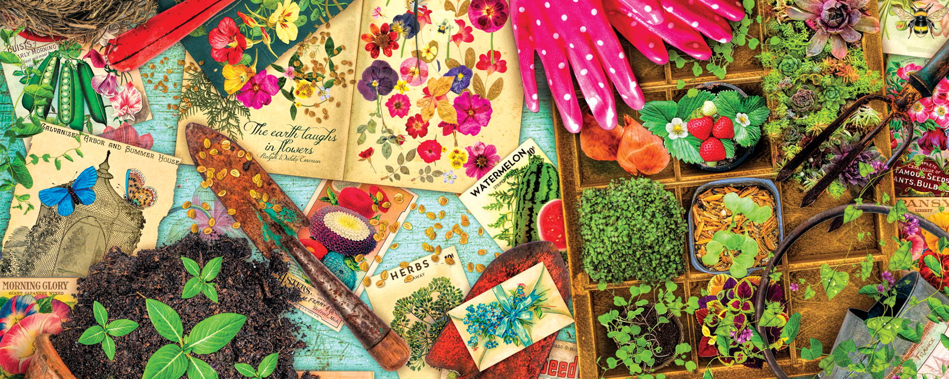 colorful garden collage of gardening tools, illustrations, seed packets, flowers, veggies, and fruit