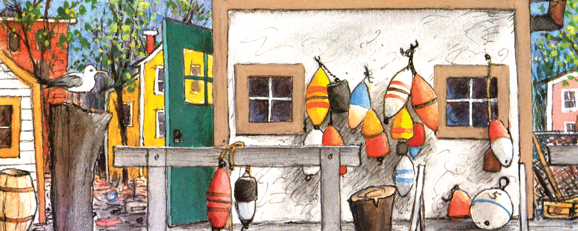 closeup of new yorker cover with a small building covered in buoys near a dock