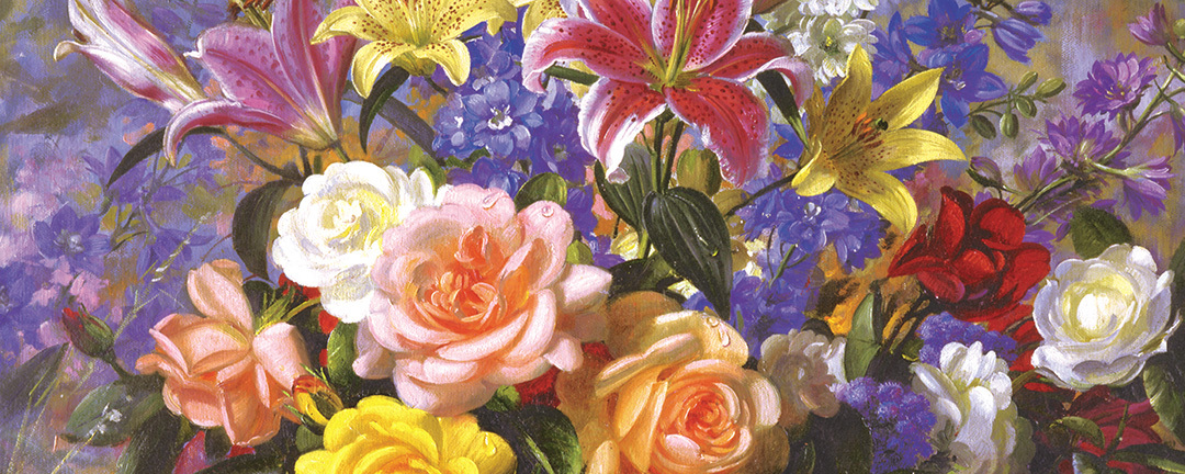 bouquet of summer flowers including lilies and variety of roses