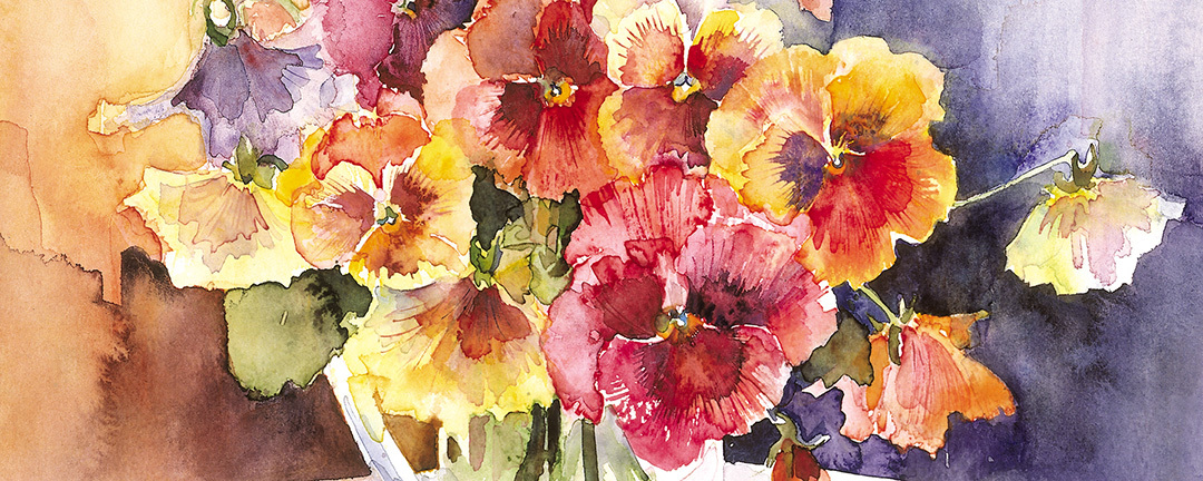 watercolor image of pansies in a pitcher