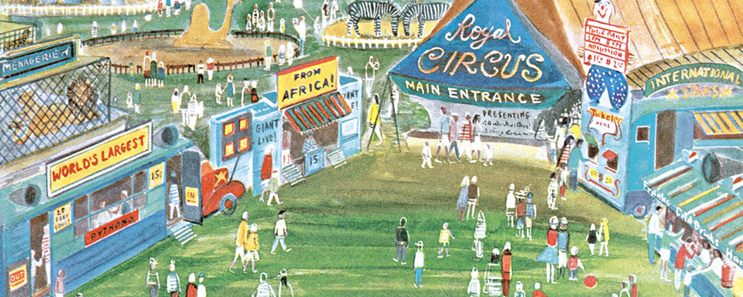 new yorker cover art of a circus tent surrounded by people exploring circus vendors and animal exhibits