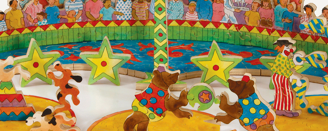 cut 3d wooden puzzle of circus crowd and three ring circus