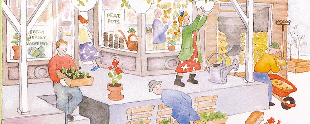 new yorker cover art of people entering and exiting a garden shop