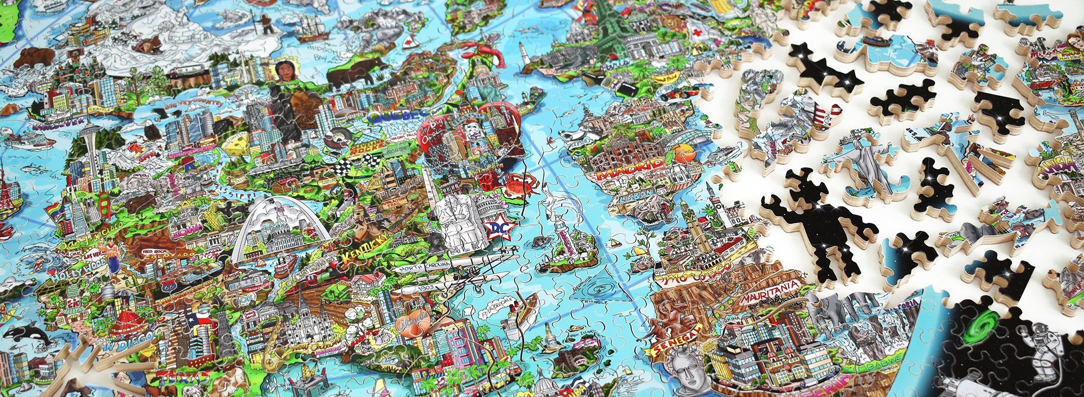 Wooden world map in progress featuring landmarks from all over the world with the city they are in written below them.