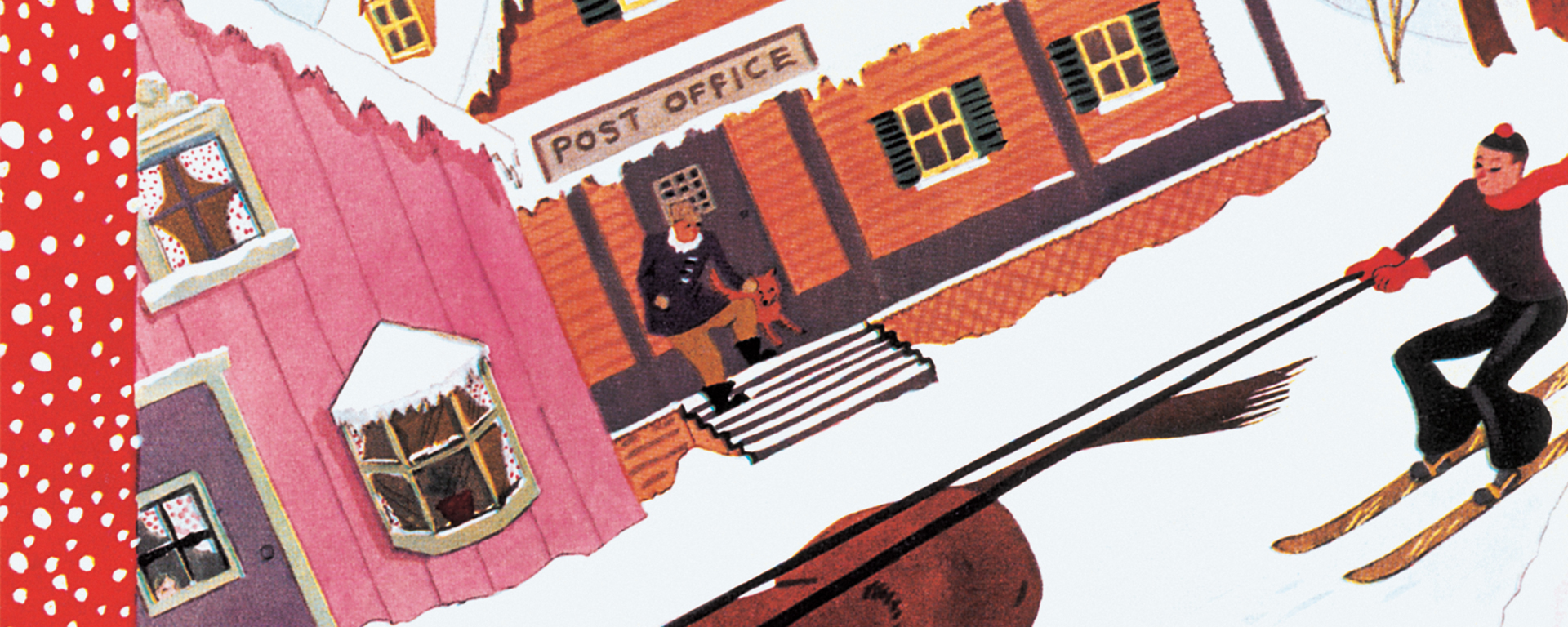 new yorker cover art of horse pulling skier through winter town in front of post office