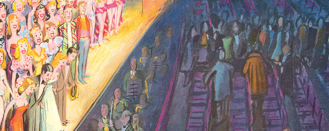 new yoker cover art of actors taking final bow at end of theater performance with audience clapping while some exit