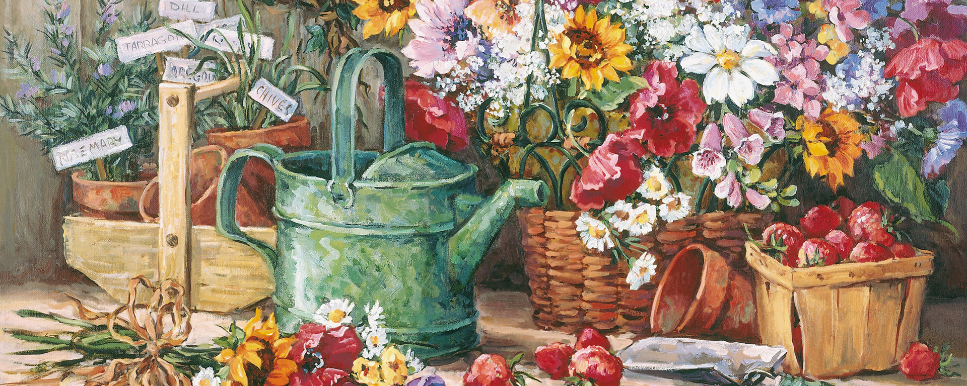 gardening bench filled with baskets of flower pots, herbs, flowers, berries, and a green watering can