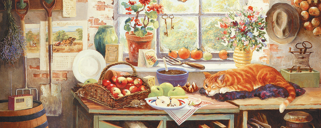 gardening shed filled with garden supplies and harvest with orange cat watching mouse go near plate of cut apple slices