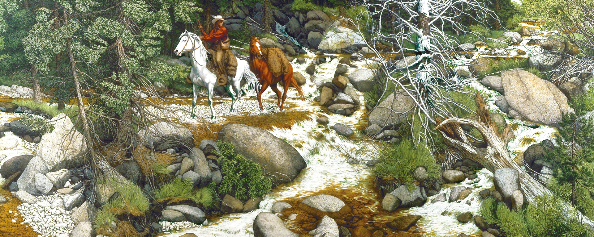 man riding horse with pack horse trailing through stream and woods with indigenous faces hidden in image