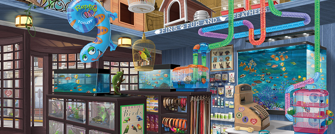 interior of an empty pet shop showing supplies, fish in tanks and register counter