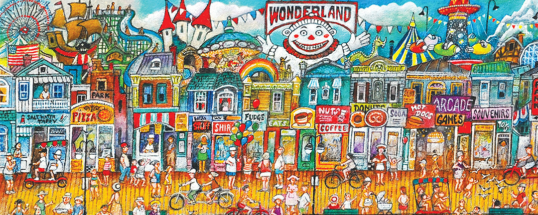 people on boardwalk in the summer enjoying a variety of small shops and amusement park in the background