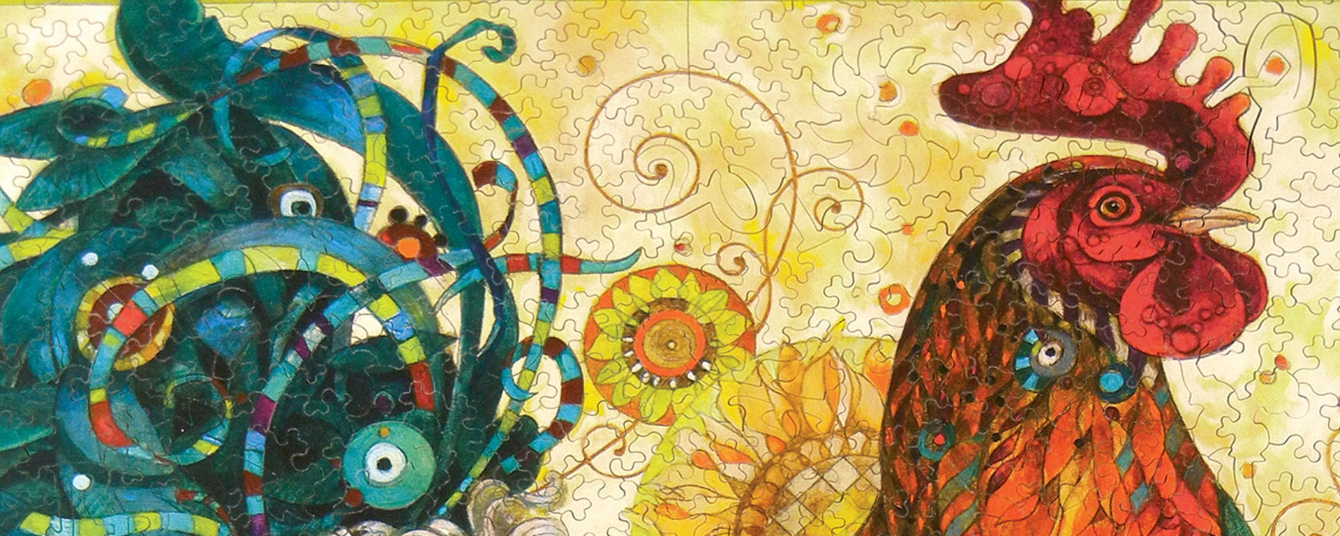 Wooden chicken puzzle featuring a brightly colored somewhat abstract rooster.