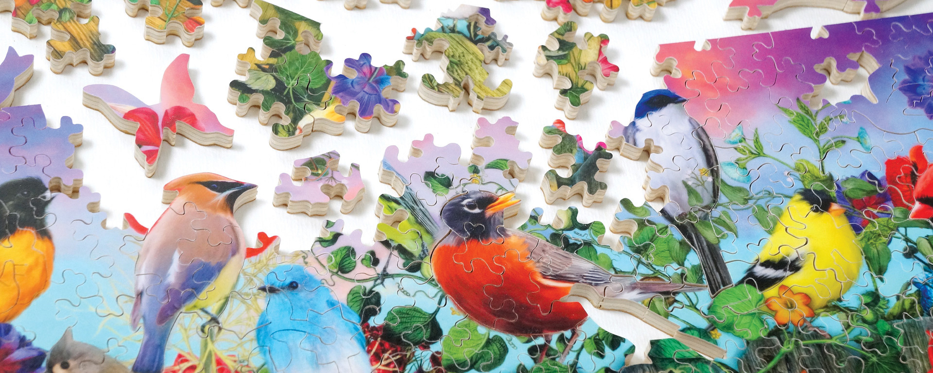 Wooden songbird puzzle in progress depicting a variety of birds sitting on top of a wooden fence.