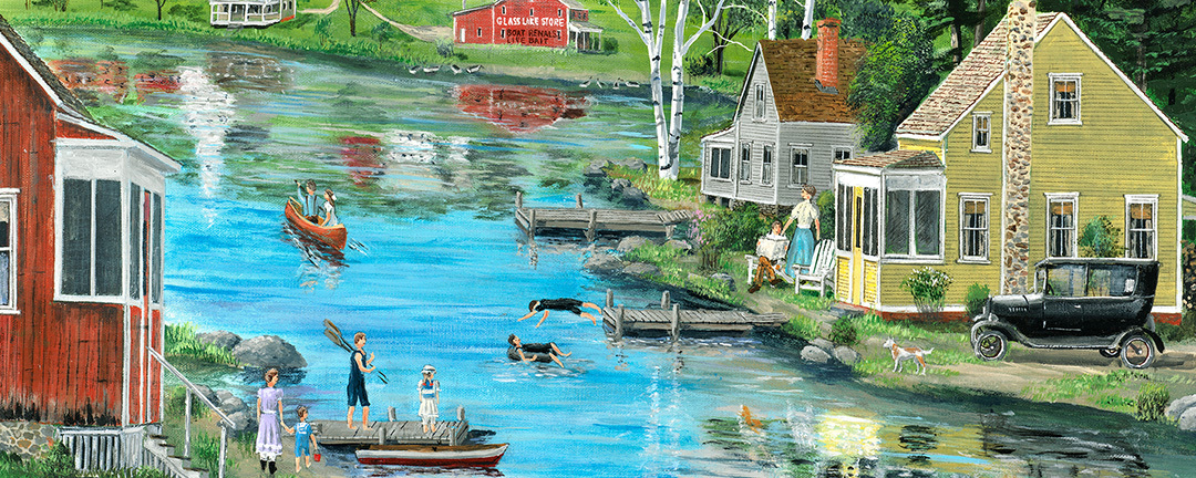 americana scene of people swimming, canoeing, and sitting outside their homes on a lake