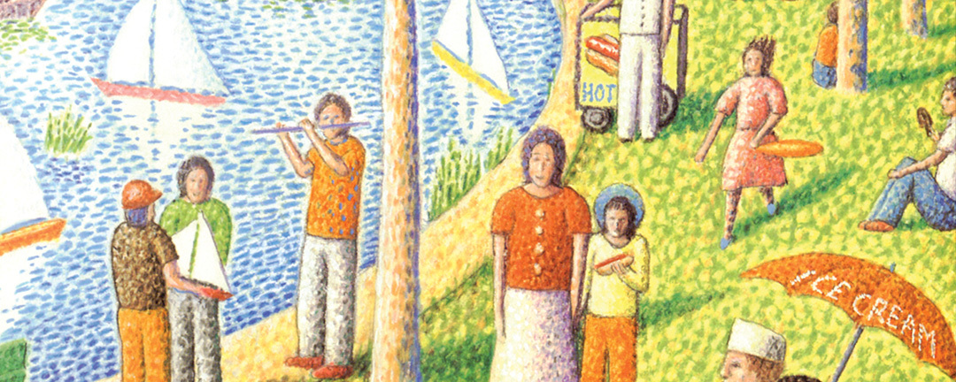 new yorker cover art of people by pond in a park inspired by famous painting sunday afternoon on the island of la grande jatte