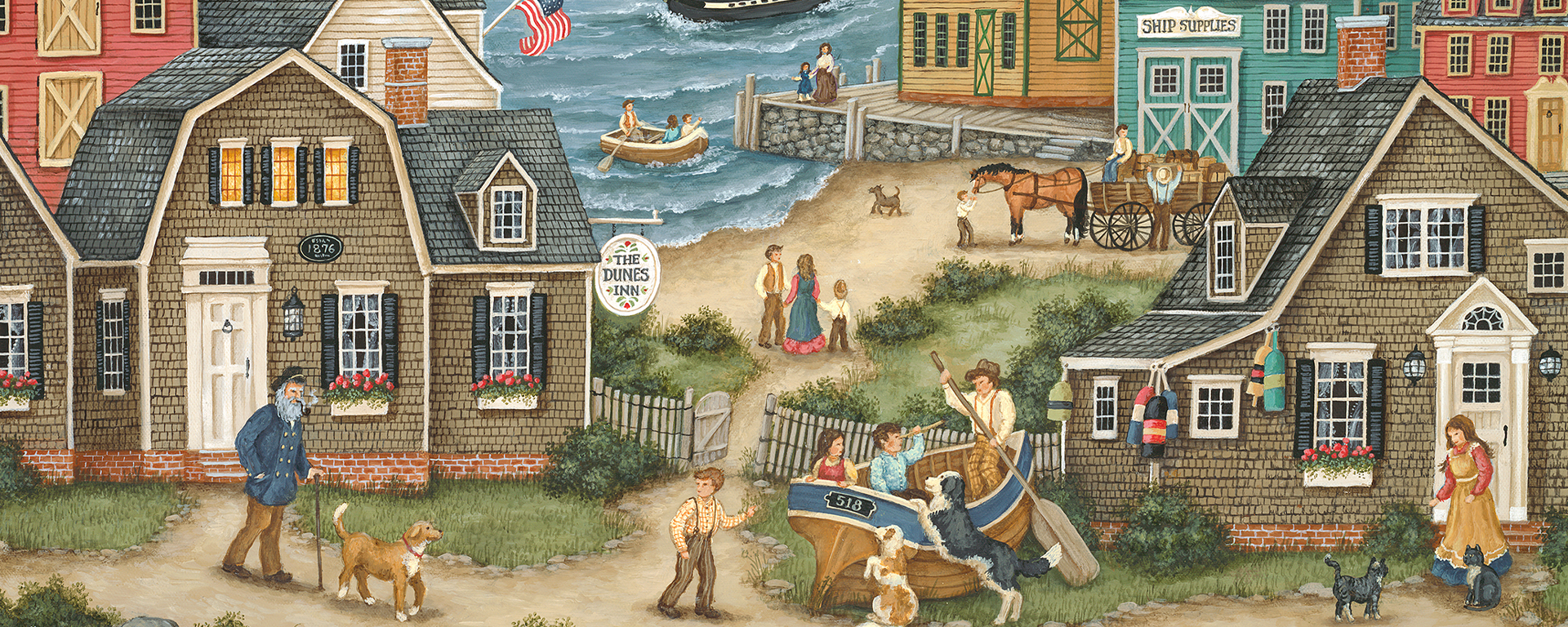 americana scene of a small coastal village being enjoyed by town folk, cats, and dogs