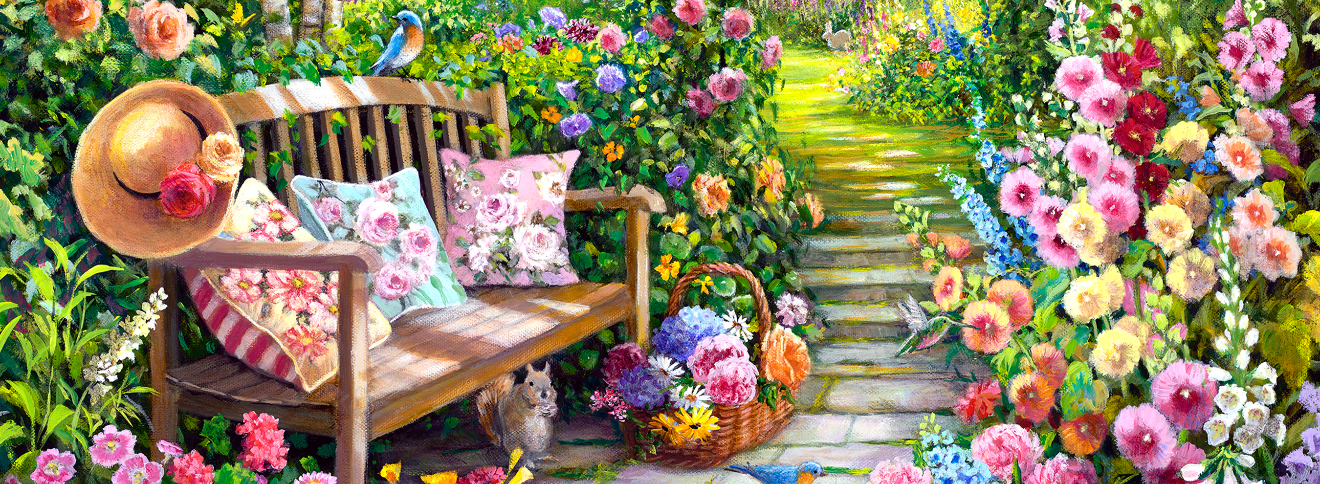 Wooden floral gardens jigsaw puzzle featuring floral gardens surrounding a wooden bench, a squirrel under the bench, and a basket of flowers.
