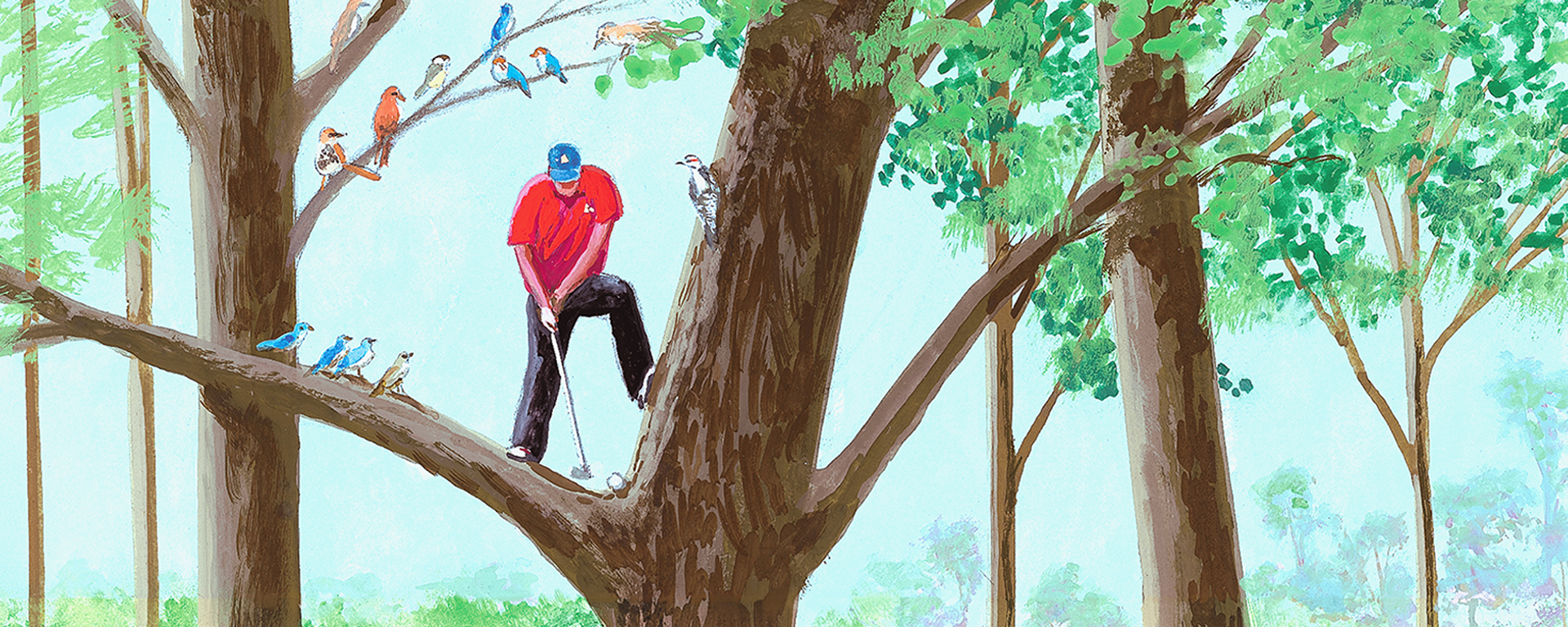 new yorker cover art of a man standing in a tall tree getting ready to hit a golf ball while songbirds watch