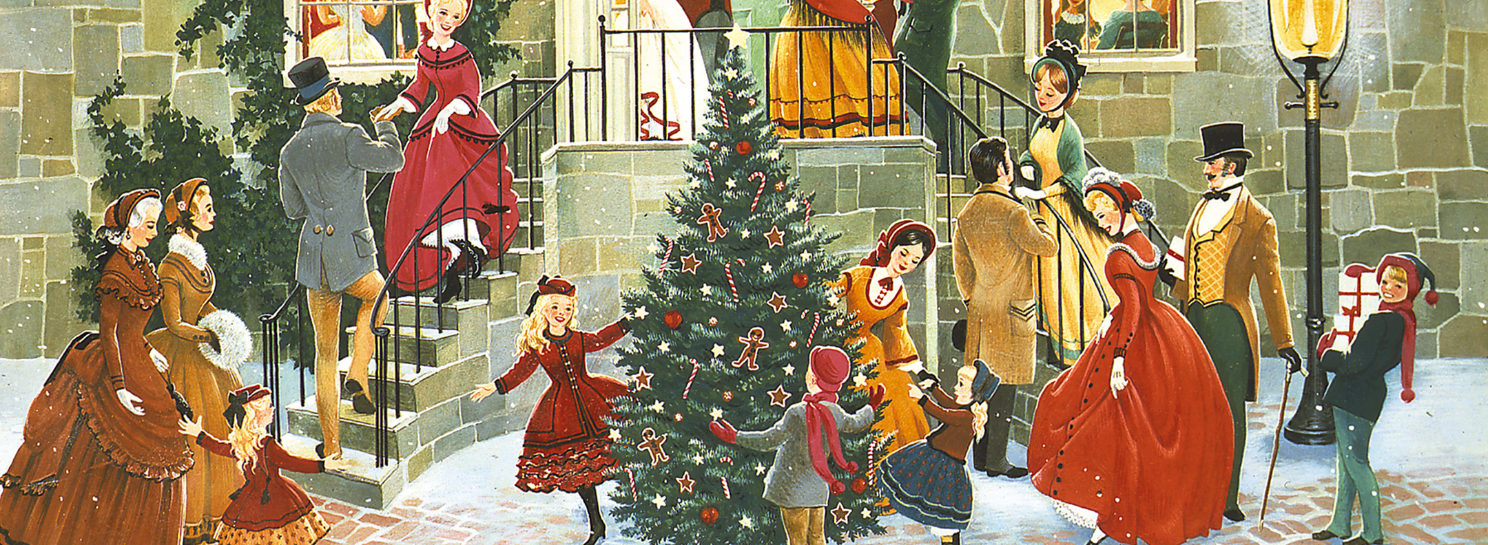 Wooden jigsaw Christmas tree puzzle featuring people gathered joyfully around a beautifully decorated Christmas tree in a festive painting.
