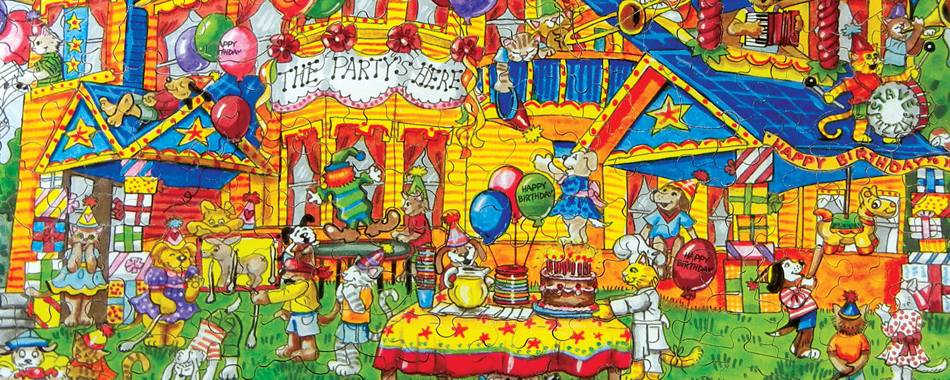 Wooden holiday themed puzzle showing a birthday party scence feautring dogs and cats wearing birthday hats, playing party games like pinata and pin the tail on the donkey, and serving cake and drinks. The scene also shows balloons, musical instruments, and banners.